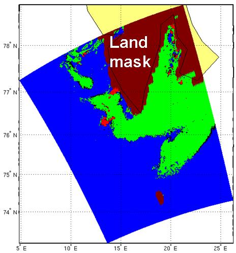 Figure 2: Sea ice classification map discriminating ice from open water in an ENVISAT ASAR subimage from 28 April 2010. Colour coding: Green – ice, blue – open water, red - unclassified. (Data provider: NERSC)